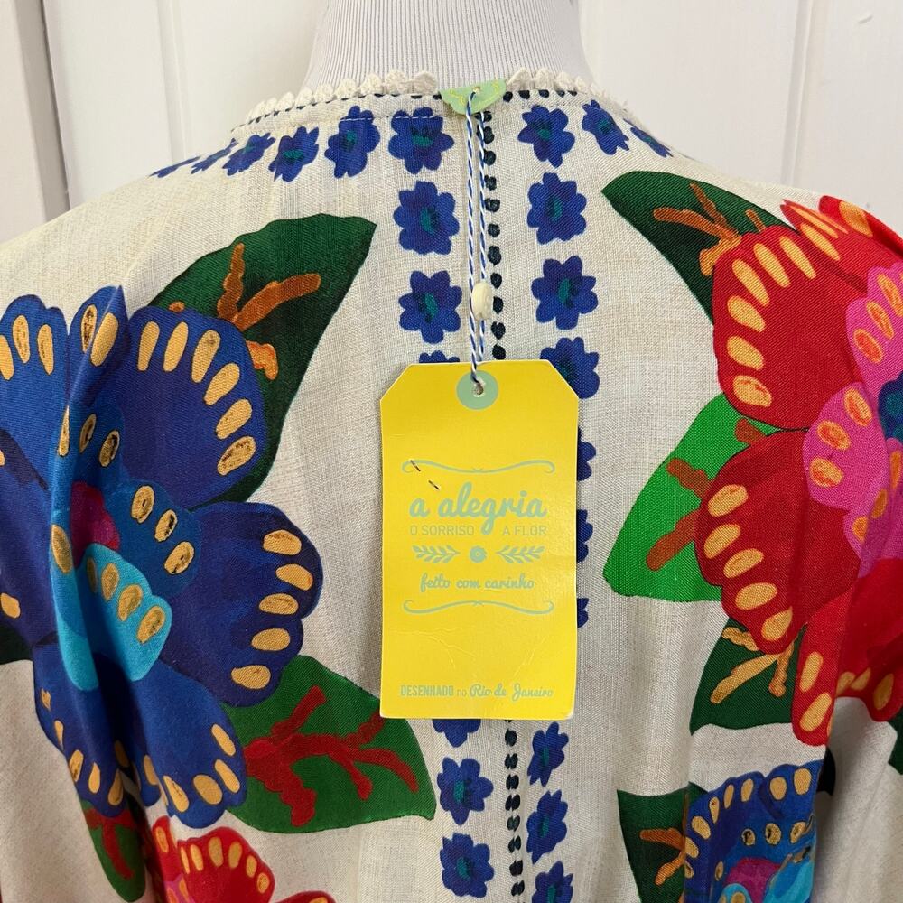 NEW Farm Rio Doce Flor Midi Dress M Floral Tie Front Linen Pom Pom - Picture 9 of 15